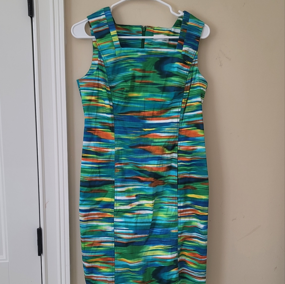 NWT Calvin Klein Cotton Blue Yellow White Sleeveless Tank Dress With Pockets